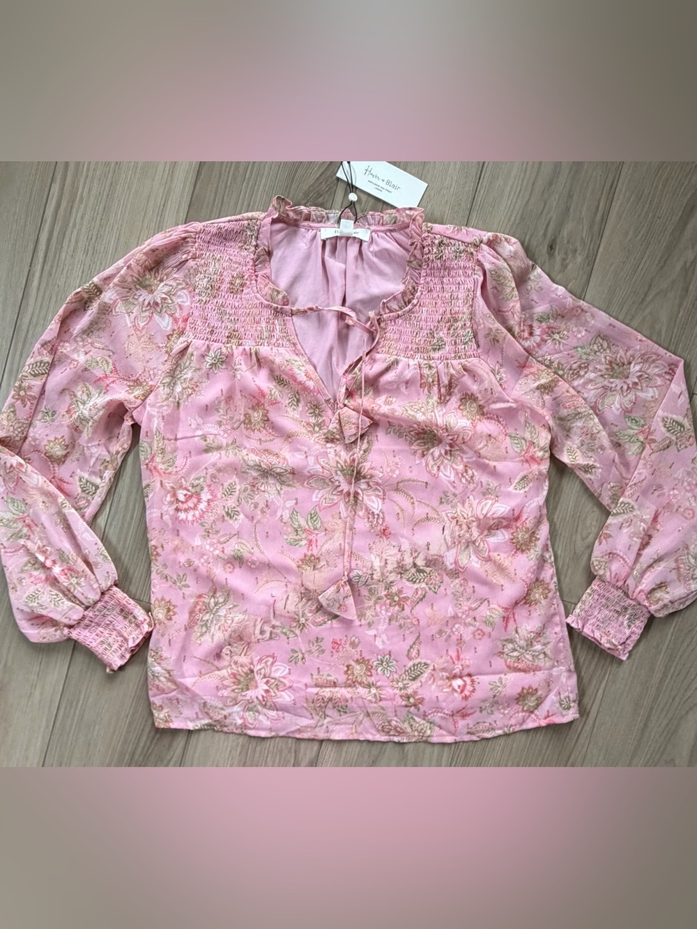 Haver & Blair London Floral Pink Long-Sleeve Lined Peasant Blouse Sz Med